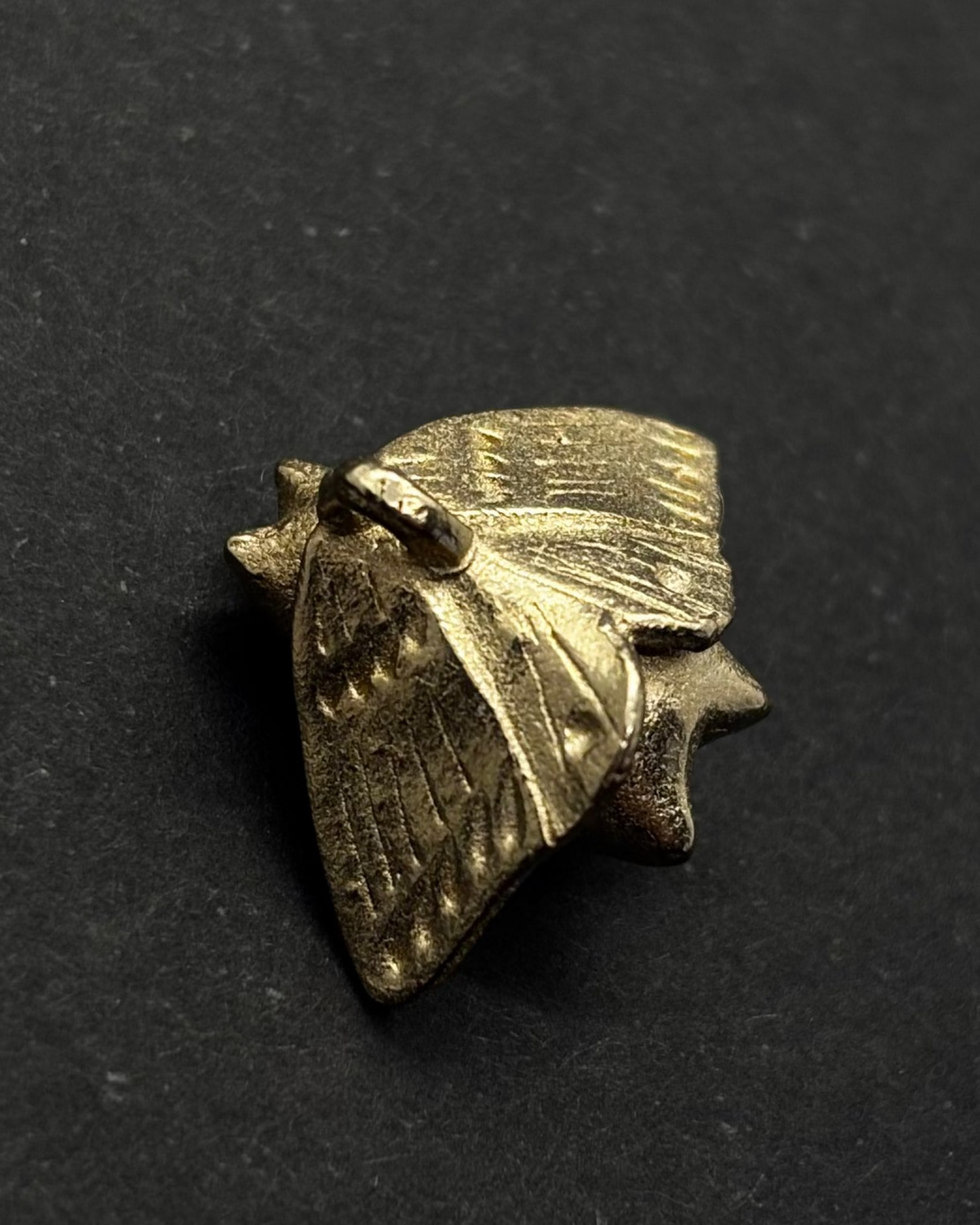 Whimsical bronze cat moth wearable sculpture, to be worn as pendant or pin, view from the back